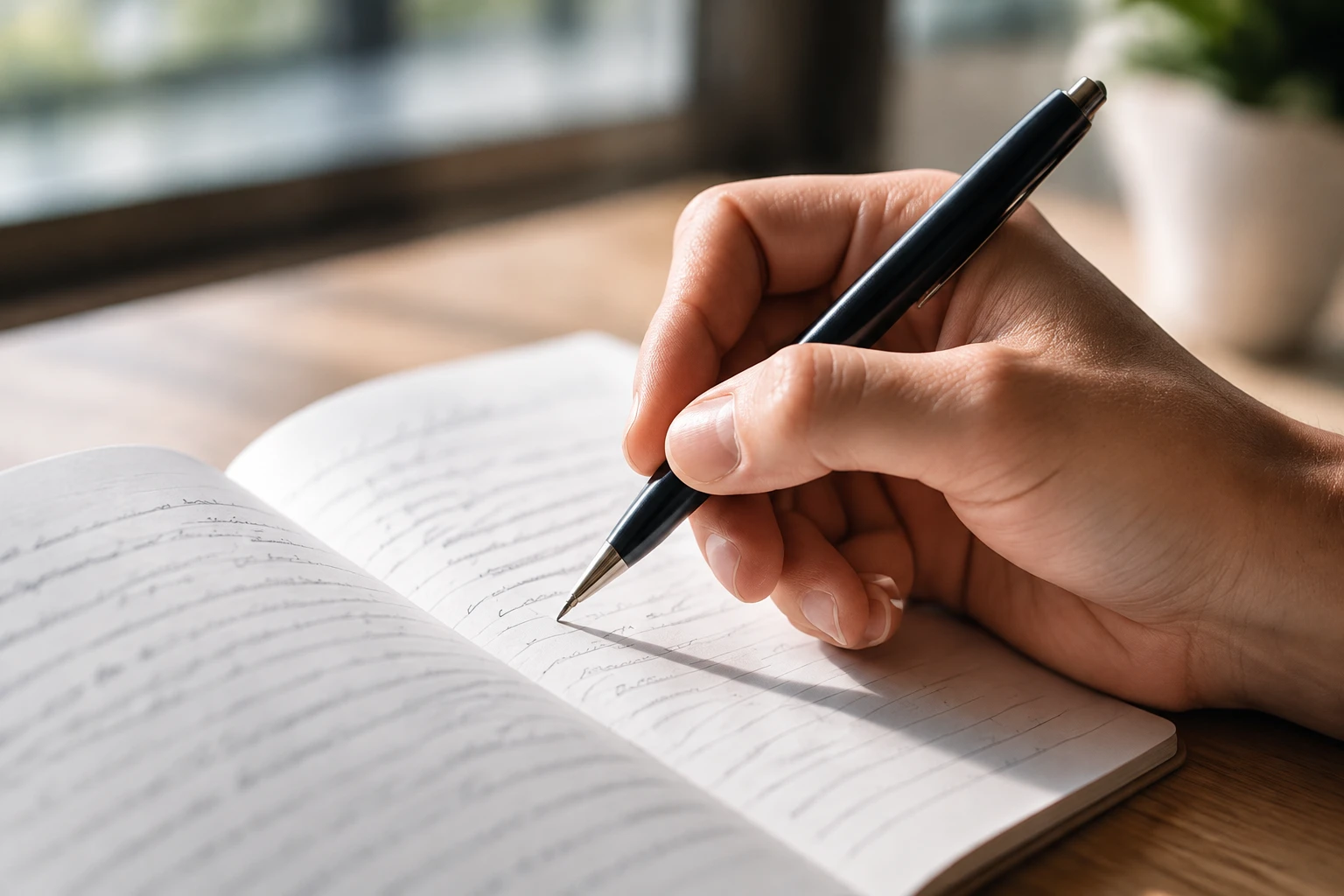 Hand die met een pen in een notitieboek schrijft